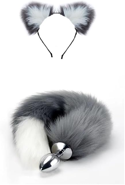Gray Tail Anal Plug Sexual Set, Sex Toy of Butt Plug with Tail for Cosplay (Wolf Tail & Ear, Small)