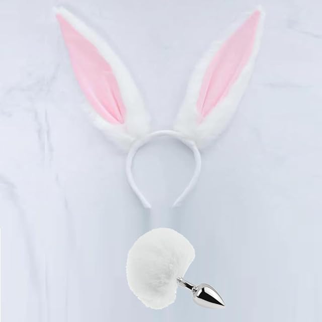 Anal Plug with Bunny Tail & Ear Kit, Sex Toys of Rabbit & Bunny Kit for Cosplay (White Medium)
