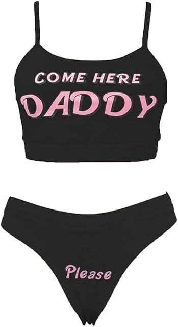 Women Sexy Lingerie Sets Come Here Daddy Tank Tops Panty Slutty Underwear Pajamas Set 2Pcs Bikini Bathing Suit