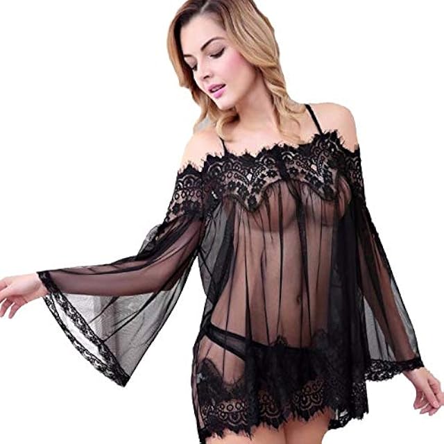 Women's Lingerie Lace Sheer Mesh Lingerie Long Sleeve Lace See Through Smock Shirt with Panties 2 Piece Sleepwear Sets