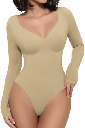 Bodysuit for Women Long Sleeve Double Lined Tank Top V Neck Bodysuit Tummy Control Shapewear