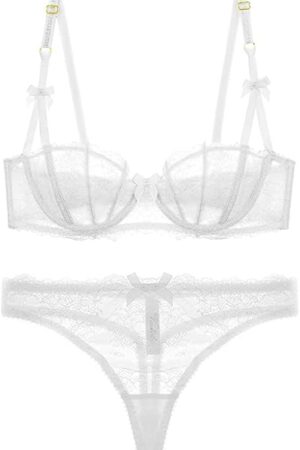 Lace Bra and Panty Set for Women Cute Bow Push Up Balconette Demi-Cup Thong Matching Sheer Lingerie Set