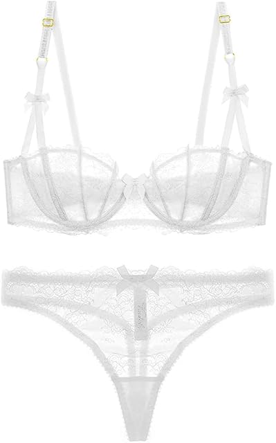 Lace Bra and Panty Set for Women Cute Bow Push Up Balconette Demi-Cup Thong Matching Sheer Lingerie Set