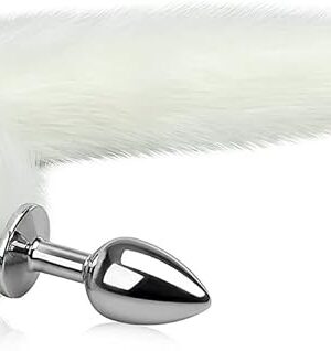 Anal Plug Trainer with Imitation Fluffy Fox Tail, T-Explorer Alloy Anus Stopper Furry Long Fox Tail Butt Plug Anal Plug Animal Tail Role Play Sex Toys Flirting Tools for Men Women Couples White (L)