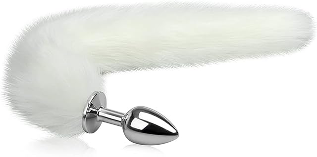 Anal Plug Trainer with Imitation Fluffy Fox Tail, T-Explorer Alloy Anus Stopper Furry Long Fox Tail Butt Plug Anal Plug Animal Tail Role Play Sex Toys Flirting Tools for Men Women Couples White (L)