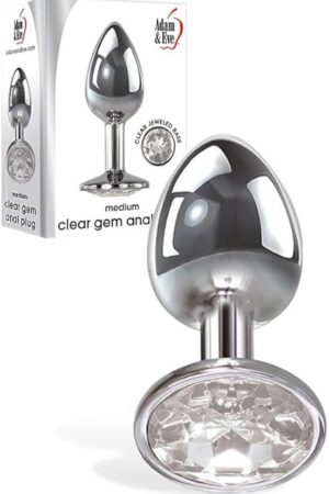 Adam & Eve Gem Medium Anal Plug, Metal Butt Plug for Women & Men, Tapered Trainer for Beginners & Advanced, Weighted Aluminum Plug for Temperature Play, Safety Flared Base, Velvet Bag, Clear, 325"