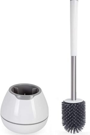 BOOMJOY Toilet Brush and Holder Set, Silicone Toilet Bowl Cleaner Brush, Bathroom Cleaning Bowl Kit with Tweezers, Bathroom Accessories with Aluminum Handle - White