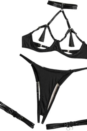 Women's Lingerie Set Sexy Underwire Hollow Out Tassels Bra Thong Panty Garter Belt Bodysuit Teddy Babydoll Nightwear