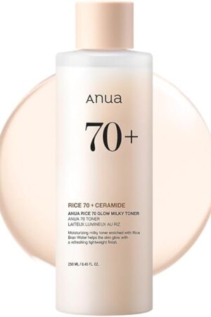 ANUA Rice 70 Glow Milky Toner, for Glass Skin, Rice Water, Niacinamide, Ceramides, Panthenol, Fragrance-Free, Non comedogenic, Fungal Acne Safe, Korean Skin Care, 250ml/845floz