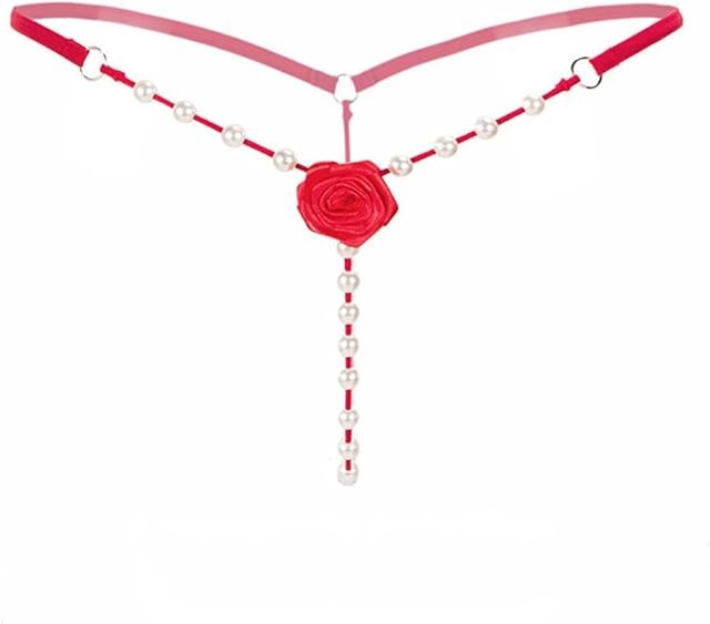 Women's Pearl T Back G String Embroidery Rose Flowers Beaded Thong Panty Underwear Sexy Micro Underpant