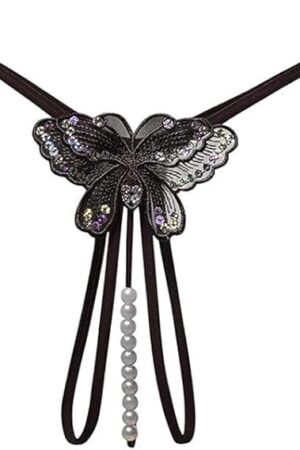 Women Sexy Underwear Cut Out Pendant Pearl Beads Embellished Lace Butterfly G-String Thong Underpants