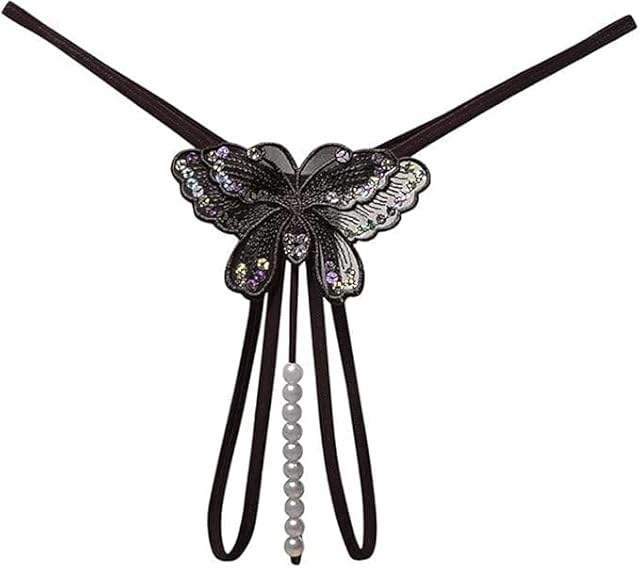 Women Sexy Underwear Cut Out Pendant Pearl Beads Embellished Lace Butterfly G-String Thong Underpants