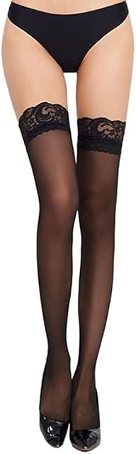Women's Opaque Thigh High Stockings with Anti-fall Lace Top