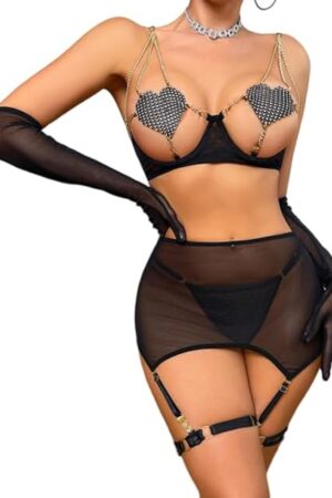 Women's Lingerie Babydoll Sexy Heart Shape Bra Sheer Mesh Skirt Panty Garter Belt Teddy Chemise Underwear Nightwear