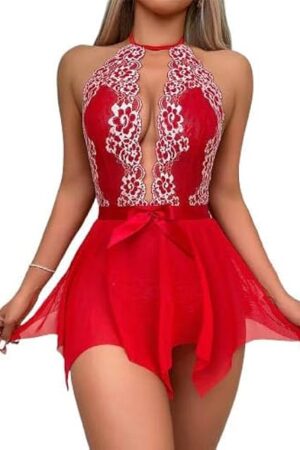 Women Lace Halter Babydoll Lingerie Sexy Deep V Mesh Chemise Nightgown Erotic Pajama Dress with Thongs