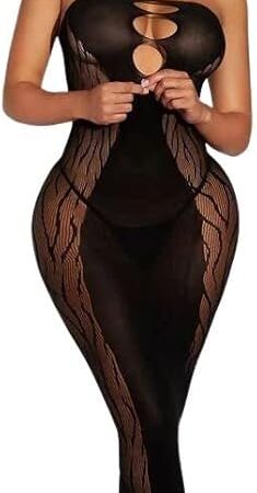 Women's Mesh Cut-Out Bandeau Bodycon Slips Fishnet Lingerie Bodysuit Club Wear Party Long Tube Dress Outfits Covers