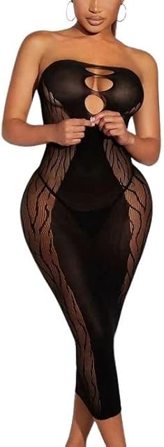 Women's Mesh Cut-Out Bandeau Bodycon Slips Fishnet Lingerie Bodysuit Club Wear Party Long Tube Dress Outfits Covers