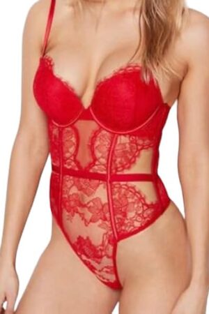 Bombshell Lace Teddy, Push Up, Women's Lingerie, Very Sexy Collection (XS-XL) (Lipstick, Small)
