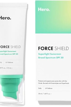 Hero Cosmetics Force Shield Superlight Sunscreen SPF 30 - Everyday SPF 30 for Acne-Prone Skin with Zinc Oxide, Green Surge, and Extremolytes - Fragrance Free and Reef Safe (50 ml)