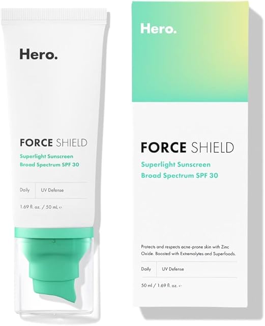 Hero Cosmetics Force Shield Superlight Sunscreen SPF 30 - Everyday SPF 30 for Acne-Prone Skin with Zinc Oxide, Green Surge, and Extremolytes - Fragrance Free and Reef Safe (50 ml)