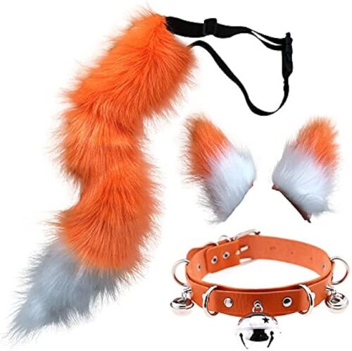 Womens Sexy Lingerie, Faux Fur Cat Ears Hair Clip Furry Wolf Fox Long Tail Bell Chocker Cosplay Set Halloween Costume