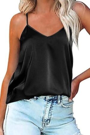 Womens Silk Satin Tank Tops V Neck Camisole Spaghetti Strap Top Summer Basic Blouse