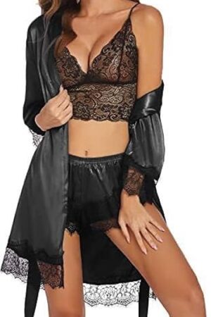 Womens Silk Pajamas Robes Set 4PACKS Sexy Pjs Cami Shorts Satin Sleepwear Lace Loungewear (US, Alpha, X-Large, Regular, Regular, Black)