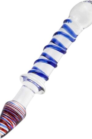 Glass Double Ended Dildo, Crystal Penis Cock Dong Anal Butt Plug Pleasure Wand with Blue Spiral for Men Women Stimulation