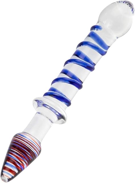 Glass Double Ended Dildo, Crystal Penis Cock Dong Anal Butt Plug Pleasure Wand with Blue Spiral for Men Women Stimulation