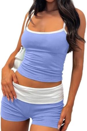 Womens Sexy Pajamas 2 Piece Color Block Crop Cami and Shorts Set Summer Cute Pjs