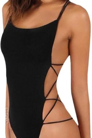 Womens' Sexy Bodysuit Lace up Backless Black Jumpsuit Women's Sleeveless Beach Swimsuit Slim Fit Round Neck Costume
