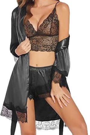 4Pcs Womens Lace Silk Pajamas Robes Set Pajamas Cami Shorts Satin Sleepwear Lace Loungewear Pjs (US, Alpha, X-Large, Regular, Regular, Black)
