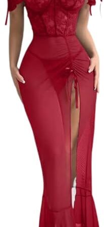 Women's Sexy High Slit Dress Lace Tulle Nightgown Off Shoulder Chemise Flounce Sheer Lingerie