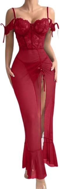 Women's Sexy High Slit Dress Lace Tulle Nightgown Off Shoulder Chemise Flounce Sheer Lingerie
