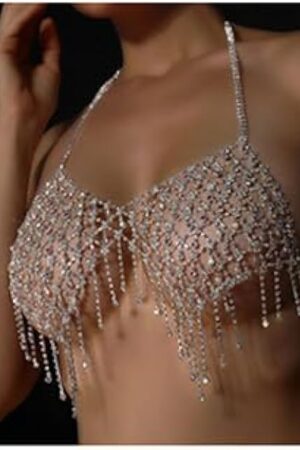 Boho Crystal Mesh Layered Body Chain Chest Chain Sexy Rhinestone Harness Bra Tassel Chest Body Costume Rave Party Nightclub Festival Accessories for Women Bikini Bra Body Chains