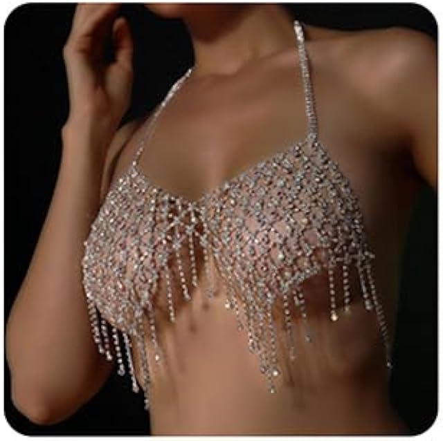Boho Crystal Mesh Layered Body Chain Chest Chain Sexy Rhinestone Harness Bra Tassel Chest Body Costume Rave Party Nightclub Festival Accessories for Women Bikini Bra Body Chains
