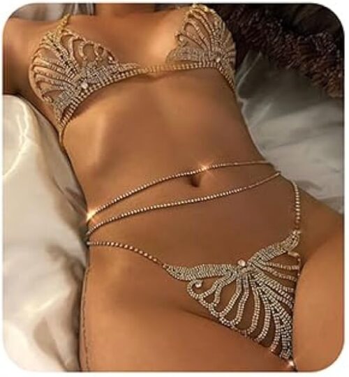 Xerling Sexy Crystal Bikini Sets Rhinestones Bra Body Chain Set Tassel Bra Harness Chain with Panties Thong Chain Body Jewelry for Women Party Costume (Type B Gold)