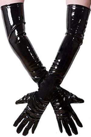 Women PVC Look Glossy Five Fingers Gloves Shiny Arm Length Gloves