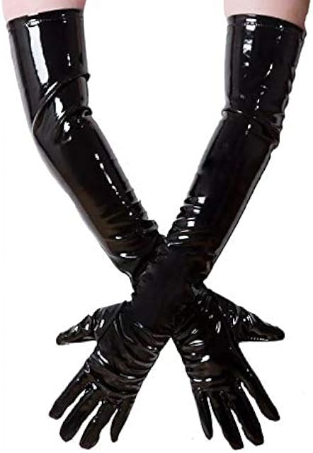 Women PVC Look Glossy Five Fingers Gloves Shiny Arm Length Gloves