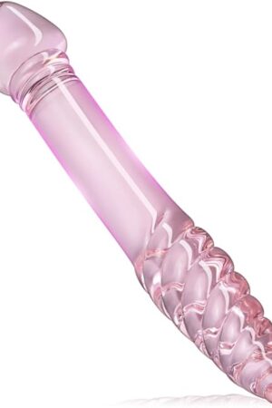 Glass Double-Ended Dildo Penis Crystal Pleasure Wand with Spiral Texture and Vivid Glans Anal Butt Plug for G-spot Stimulation (Pink)