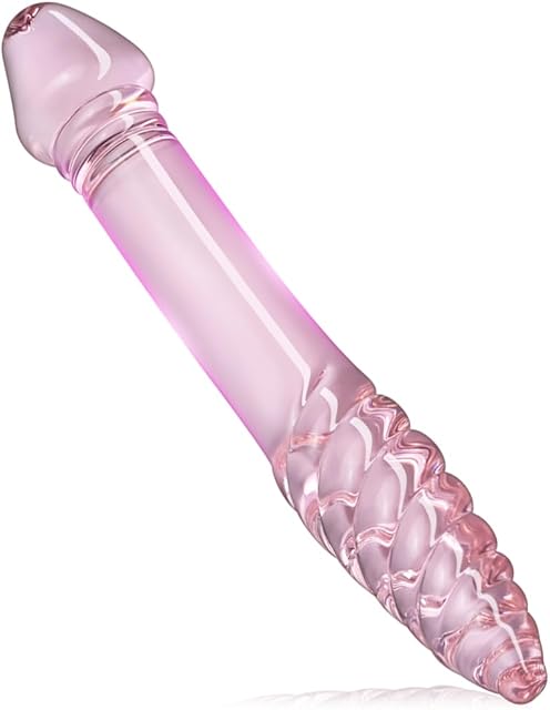 Glass Double-Ended Dildo Penis Crystal Pleasure Wand with Spiral Texture and Vivid Glans Anal Butt Plug for G-spot Stimulation (Pink)