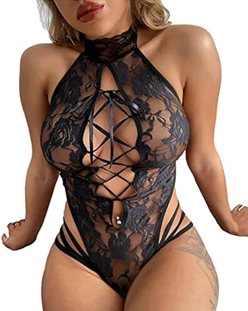 Women's Sexy Lace Teddy One Piece Lingerie - Deep V Cutout Bodysuit with Floral Hollow-Out Detail