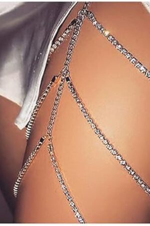 Boho Gold Silver Rhinestones Tassel Sexy Body Chain Layered Leg Chains Beach Nightclub Body Accessories Sexy Black Elastic Leg Jewelry for Women (Gold)