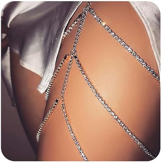 Boho Gold Silver Rhinestones Tassel Sexy Body Chain Layered Leg Chains Beach Nightclub Body Accessories Sexy Black Elastic Leg Jewelry for Women (Gold)
