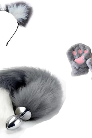 Gray Tail Anal Plug Sexual Set, Sex Toy of Butt Plug with Tail for Cosplay (Wolf Tail & Ear & Paw, Small)