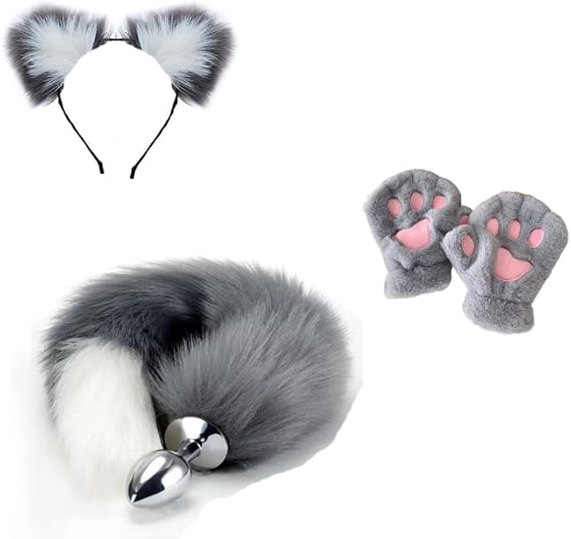 Gray Tail Anal Plug Sexual Set, Sex Toy of Butt Plug with Tail for Cosplay (Wolf Tail & Ear & Paw, Small)