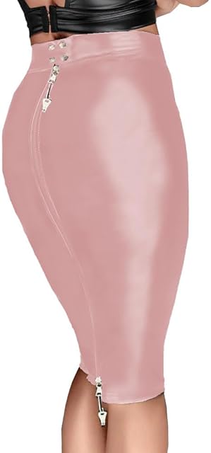 Ladies Sexy Lockable Sheath Knee-Length Skirts Women High Waist Elegant Faux PU Leather Skinny Pencil Skirt