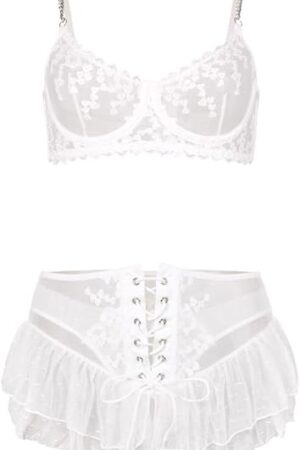 Women's Sexy Lace Lingerie Set Babydoll Naughty Underwear Mesh Mini Skirt Heart Embroidery Bra and Tulle Tie Thong
