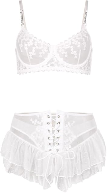 Women's Sexy Lace Lingerie Set Babydoll Naughty Underwear Mesh Mini Skirt Heart Embroidery Bra and Tulle Tie Thong