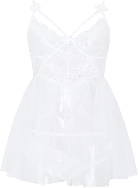 Women's Cute Babydoll Chemise Sexy See Through Lace Mesh Lingerie Exotic Mini Nightdress Naughty Negligee